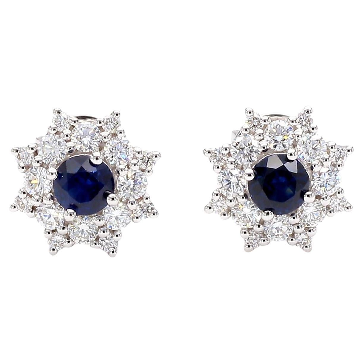 Natural Blue Round Sapphire and Diamond 1.26 Carat TW Gold Stud Earrings