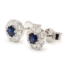 Natural Blue Round Sapphire and Diamond 1.36 Carat TW Gold Stud Earrings