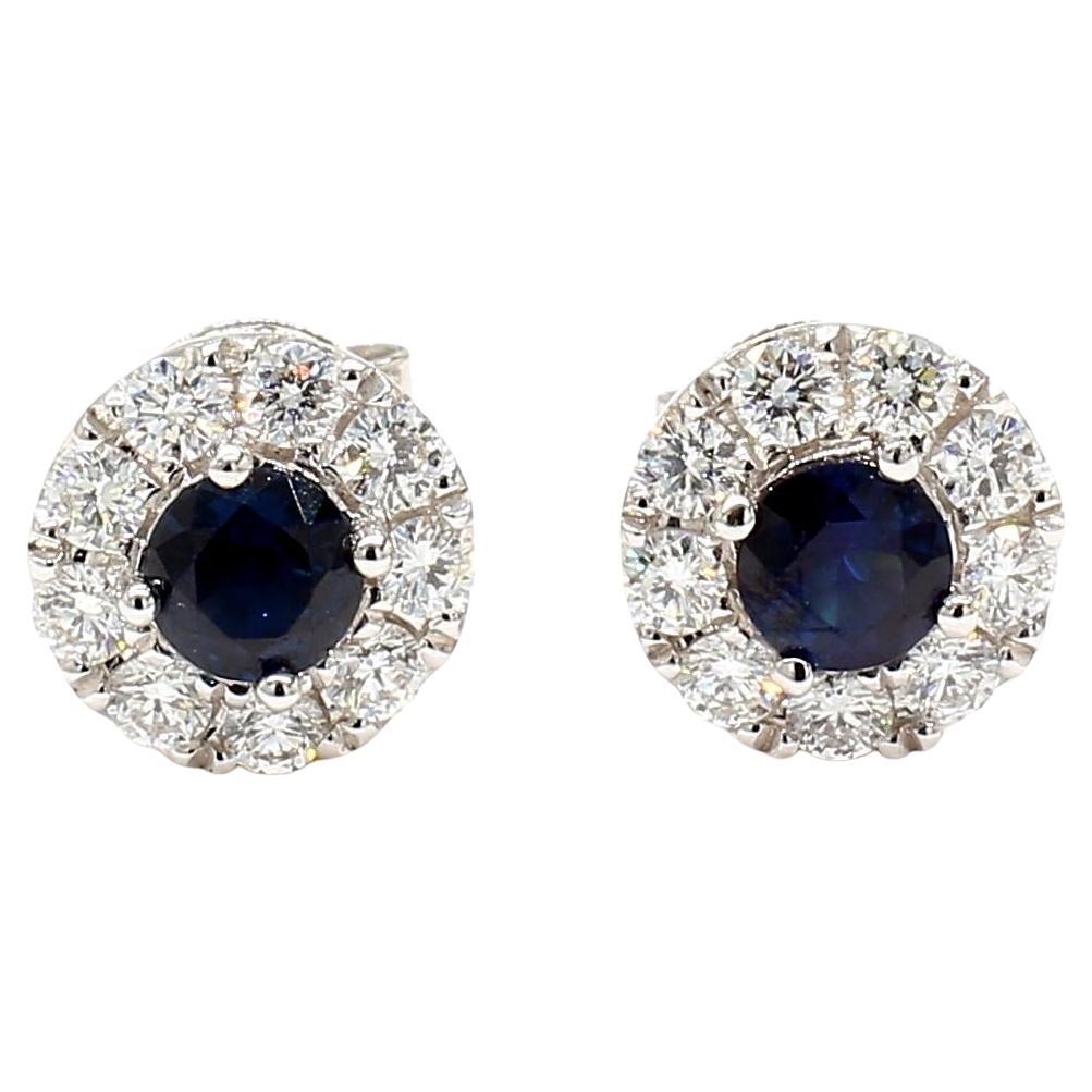 Natural Blue Round Sapphire and Diamond 1.36 Carat TW Gold Stud Earrings