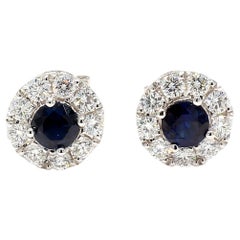 Natural Blue Round Sapphire and Diamond 1.36 Carat TW Gold Stud Earrings