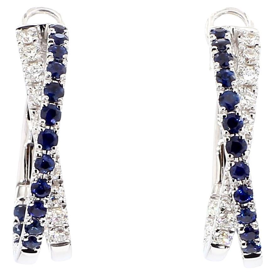 Natural Blue Round Sapphire and Diamond 1.39 Carat TW Gold Hoop Earrings