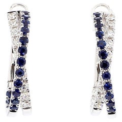 Natural Blue Round Sapphire and Diamond 1.39 Carat TW Gold Hoop Earrings