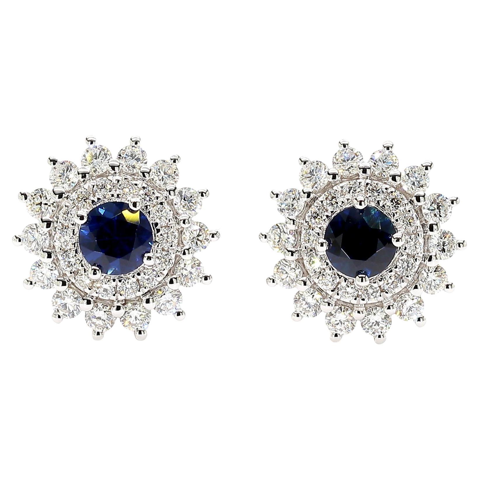 Natürlicher blauer runder Saphir und Diamant 1.42 Karat TW Gold Ohrstecker im Angebot
