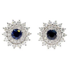 Natürlicher blauer runder Saphir und Diamant 1.42 Karat TW Gold Ohrstecker