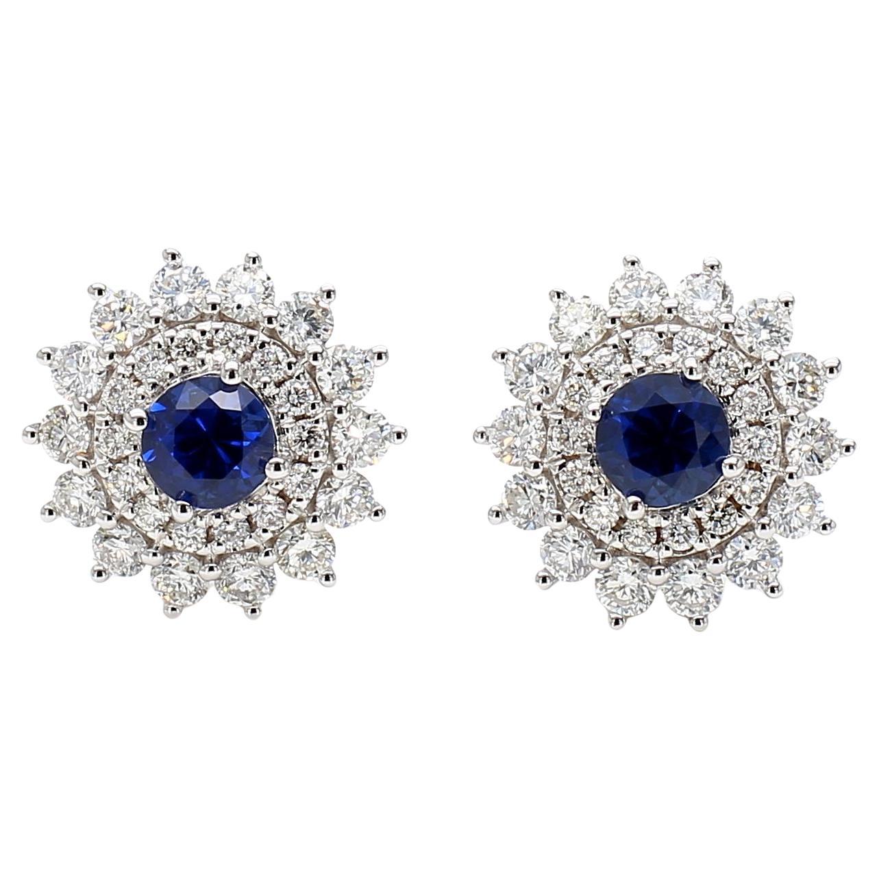 Natürlicher blauer runder Saphir und Diamant 1.46 Karat TW Gold Ohrstecker