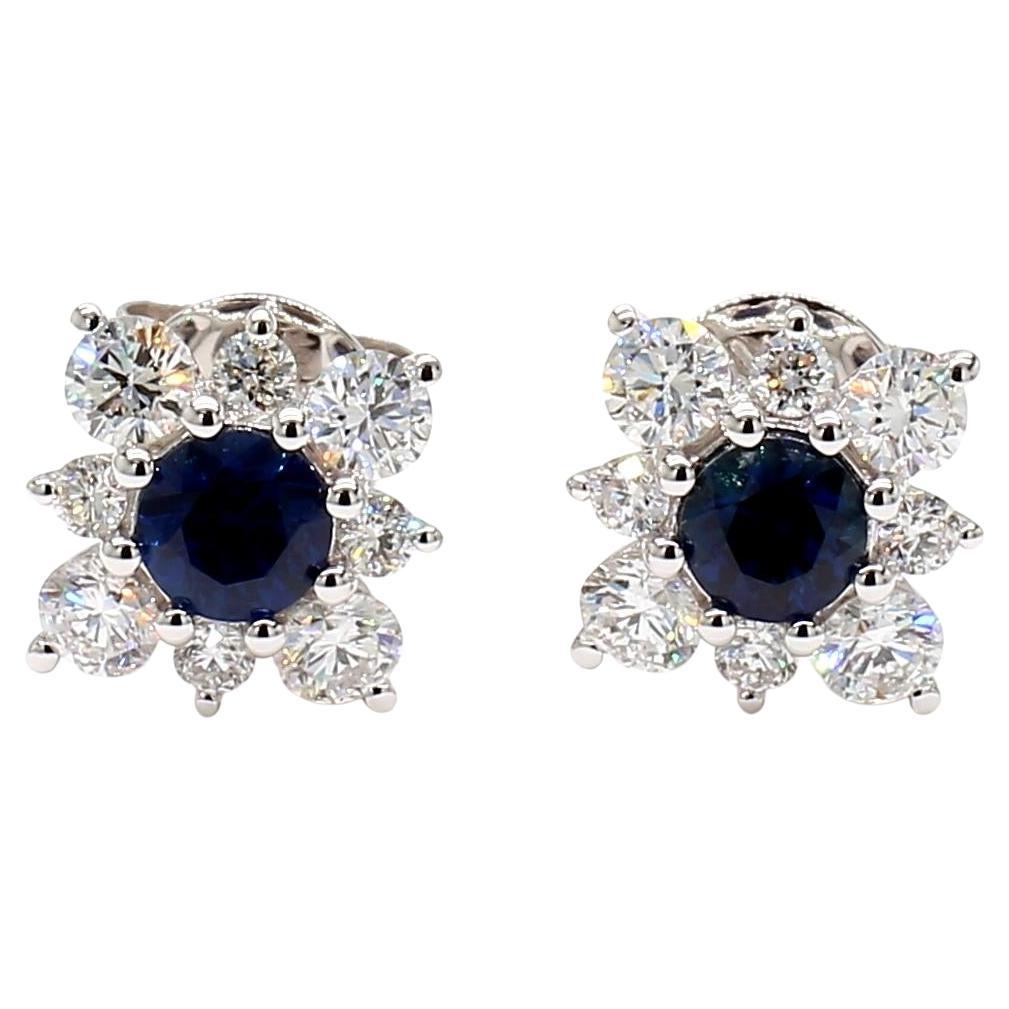 Natürlicher blauer runder Saphir und Diamant 1.50 Karat TW Gold Ohrstecker