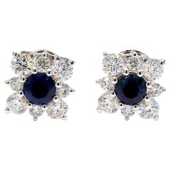 Natural Blue Round Sapphire and Diamond 1.50 Carat TW Gold Stud Earrings