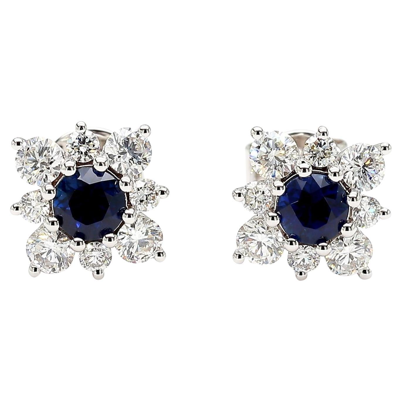 Natürlicher blauer runder Saphir und Diamant 1.51 Karat TW Gold Ohrstecker