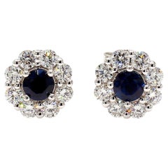 Natürlicher blauer runder Saphir und Diamant 1.73 Karat TW Gold Ohrstecker
