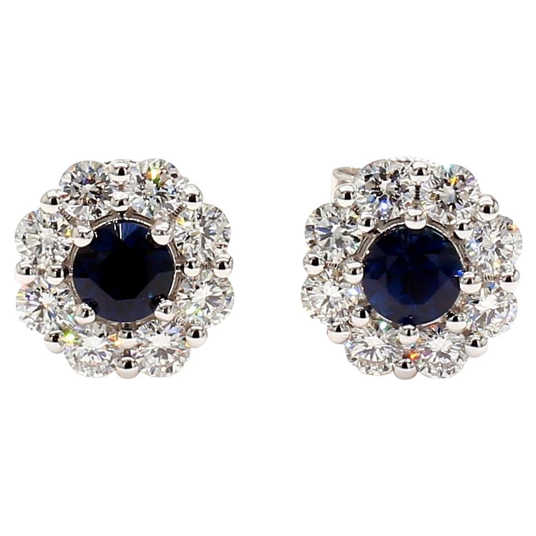 Natural Blue Round Sapphire and Diamond 1.73 Carat TW Gold Stud Earrings For Sale