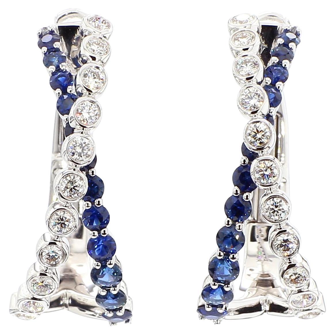 Natural Blue Round Sapphire and Diamond 2.01 Carat TW Gold Hoop Earrings