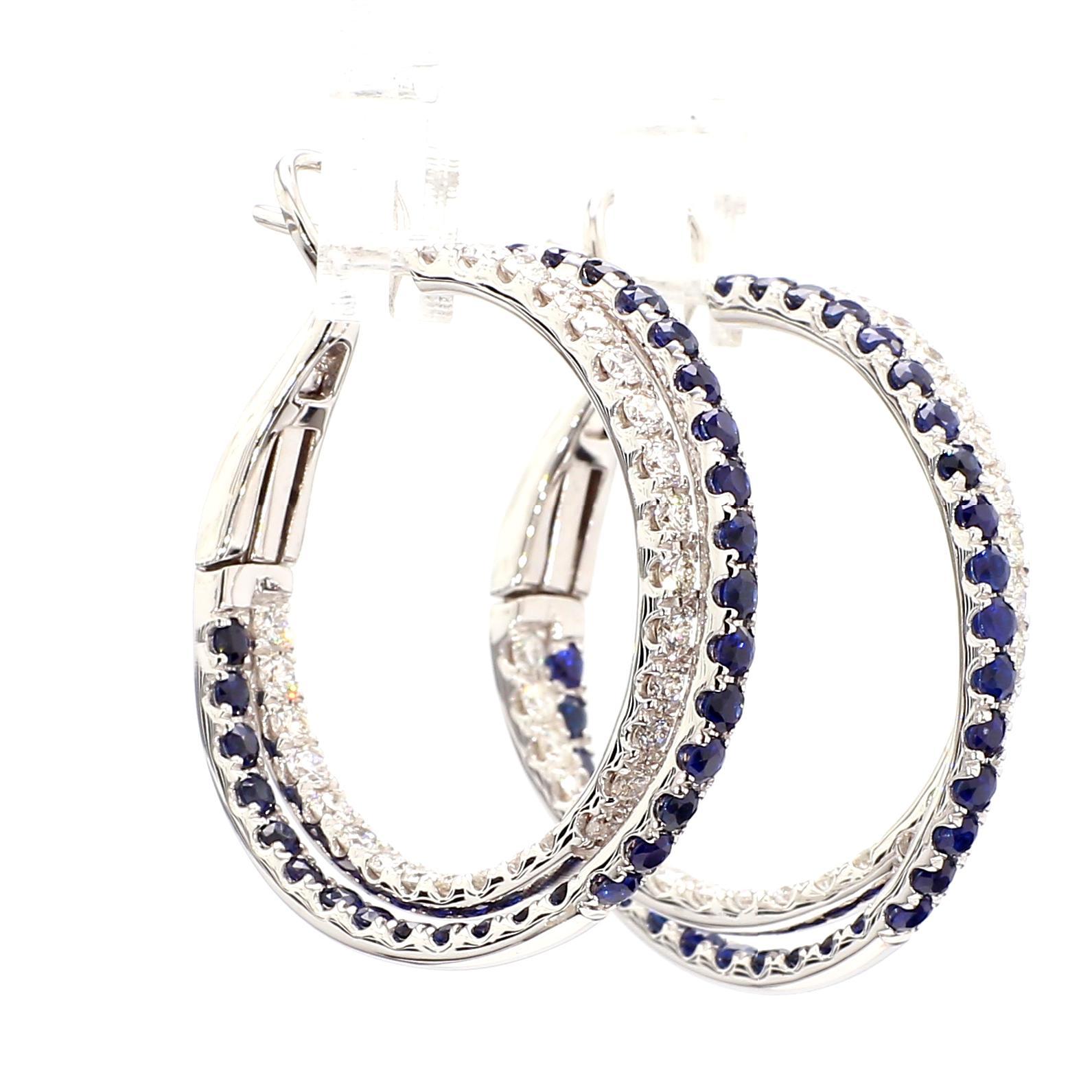 Natürlicher blauer runder Saphir und Diamant 3.09 Karat TW Gold Creolen (Ovalschliff) im Angebot