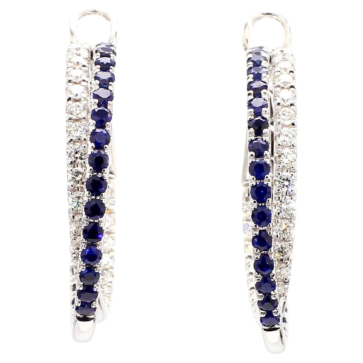 Natural Blue Round Sapphire and Diamond 3.09 Carat TW Gold Hoop Earrings