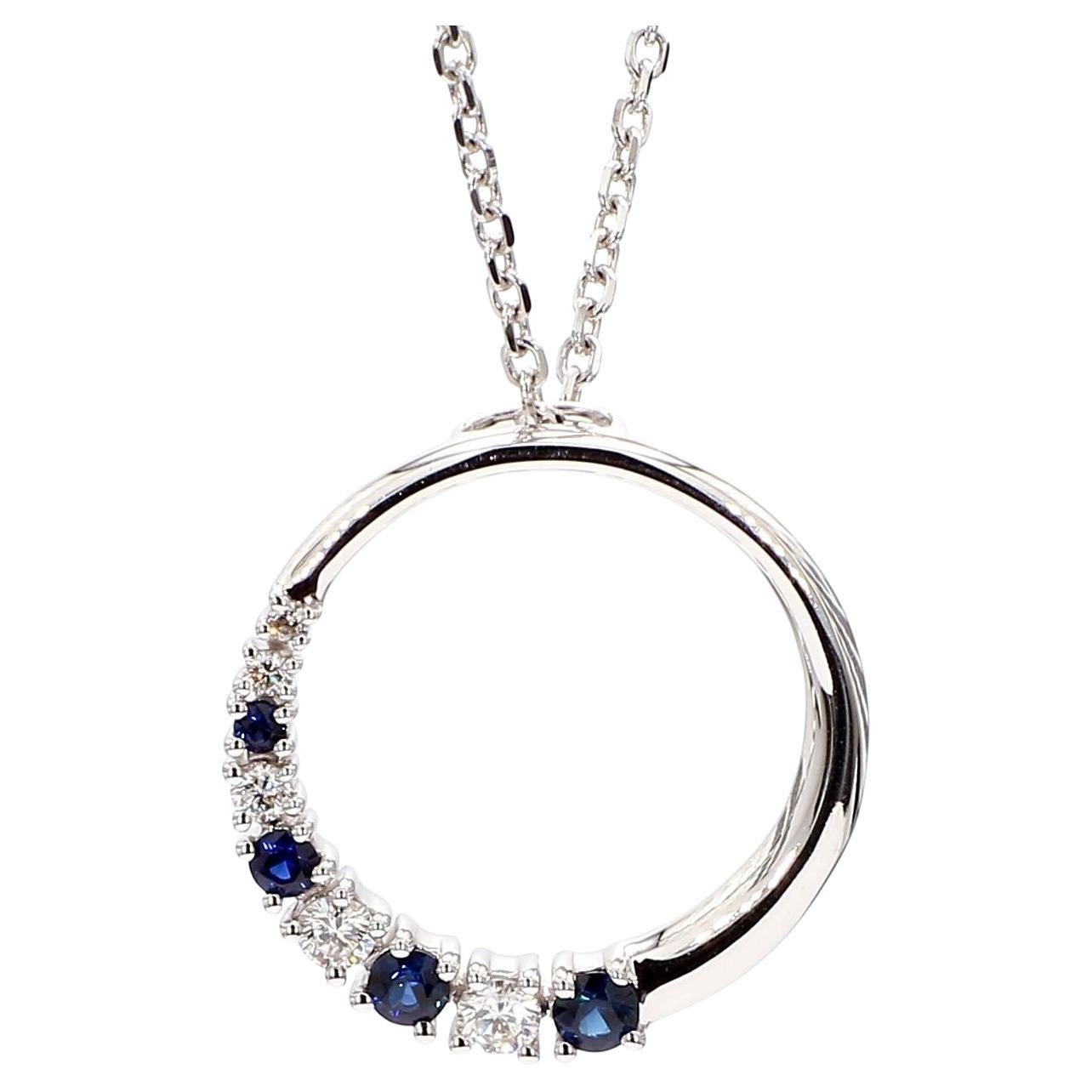 Natural Blue Round Sapphire and White Diamond 0.37 Carat TW White Gold Pendant