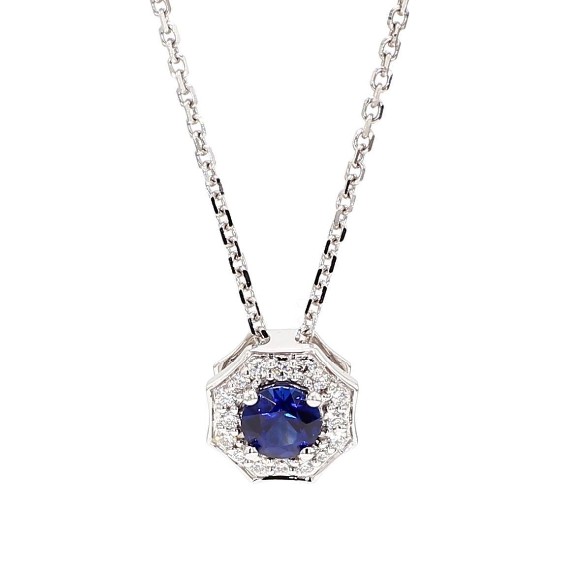 Natural Blue Round Sapphire and White Diamond 0.42 Carat TW Gold Drop Pendant Corte redondo en venta