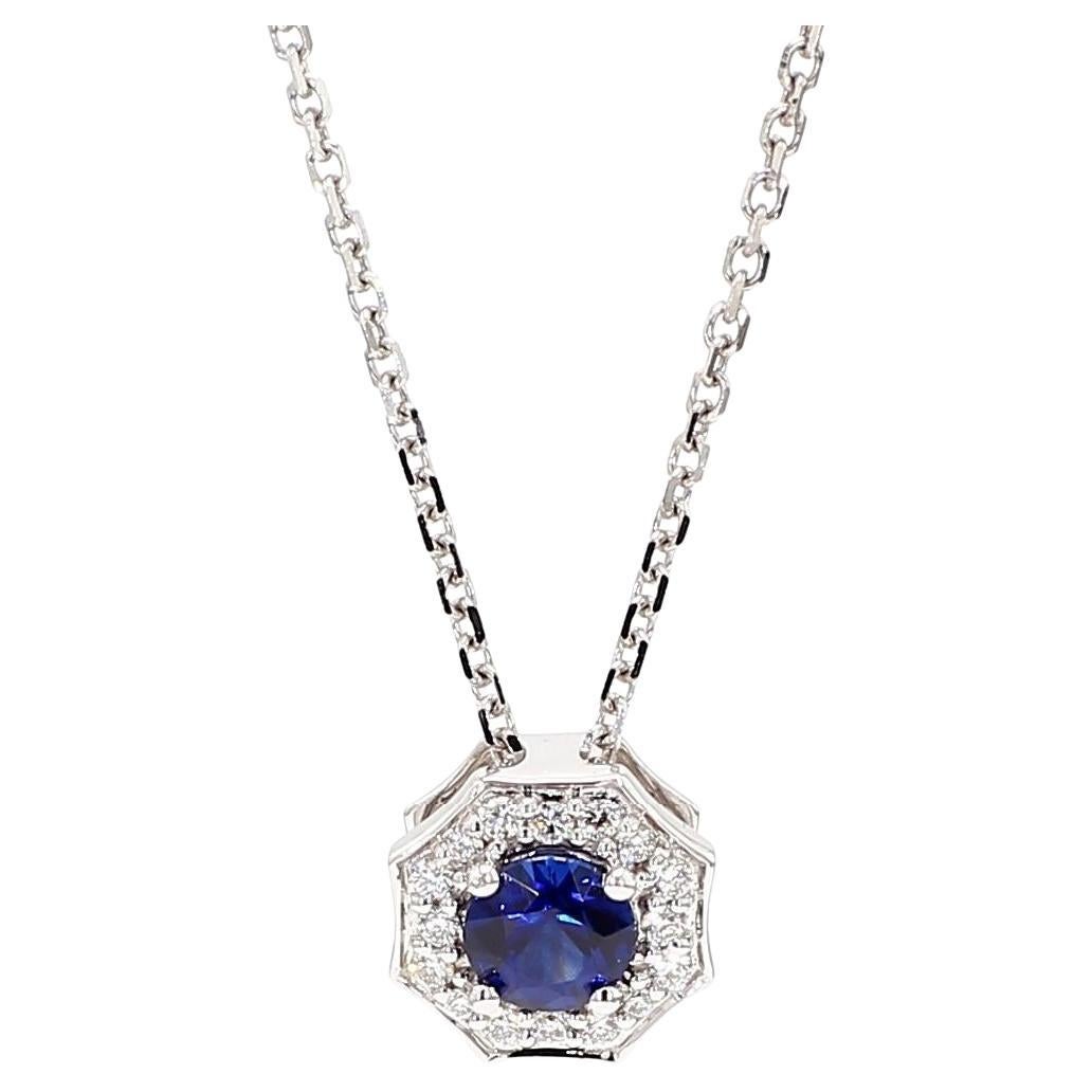 Natural Blue Round Sapphire and White Diamond 0.42 Carat TW Gold Drop Pendant en venta