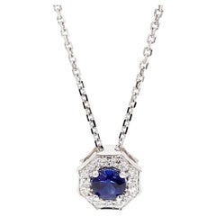 Natural Blue Round Sapphire and White Diamond 0.42 Carat TW Gold Drop Pendant