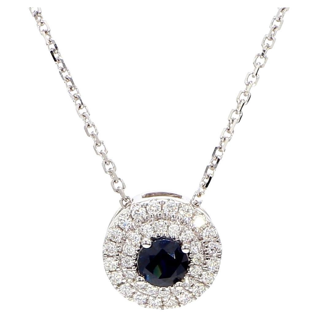 Natural Blue Round Sapphire and White Diamond 0.52 Carat TW Gold Drop Pendant
