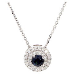 Natural Blue Round Sapphire and White Diamond 0.52 Carat TW Gold Drop Pendant