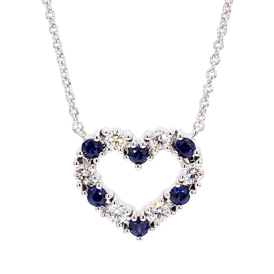 Contemporary Natural Blue Round Sapphire and White Diamond 0.53 Carat TW White Gold Necklace For Sale
