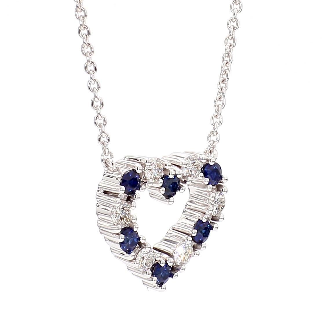 Round Cut Natural Blue Round Sapphire and White Diamond 0.53 Carat TW White Gold Necklace For Sale
