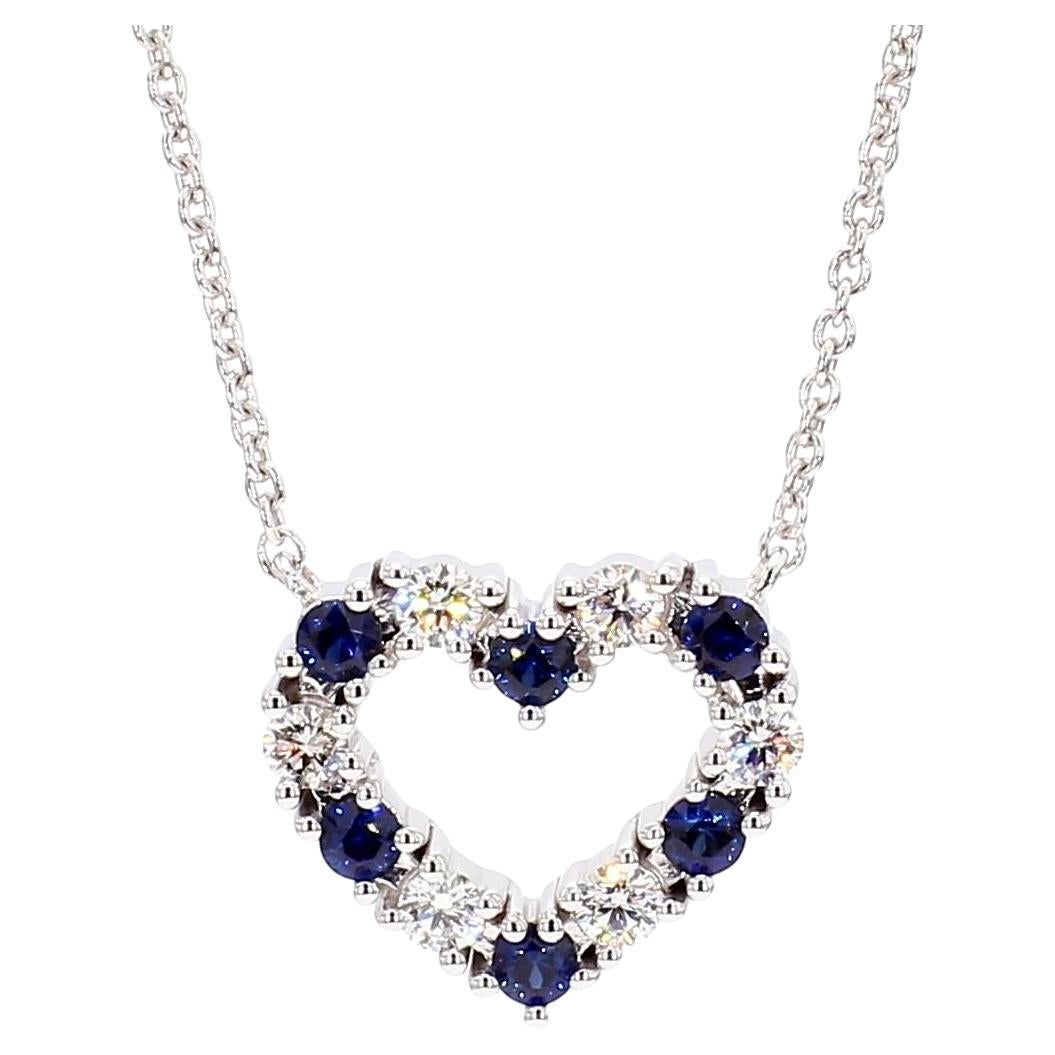 Natural Blue Round Sapphire and White Diamond 0.53 Carat TW White Gold Necklace For Sale