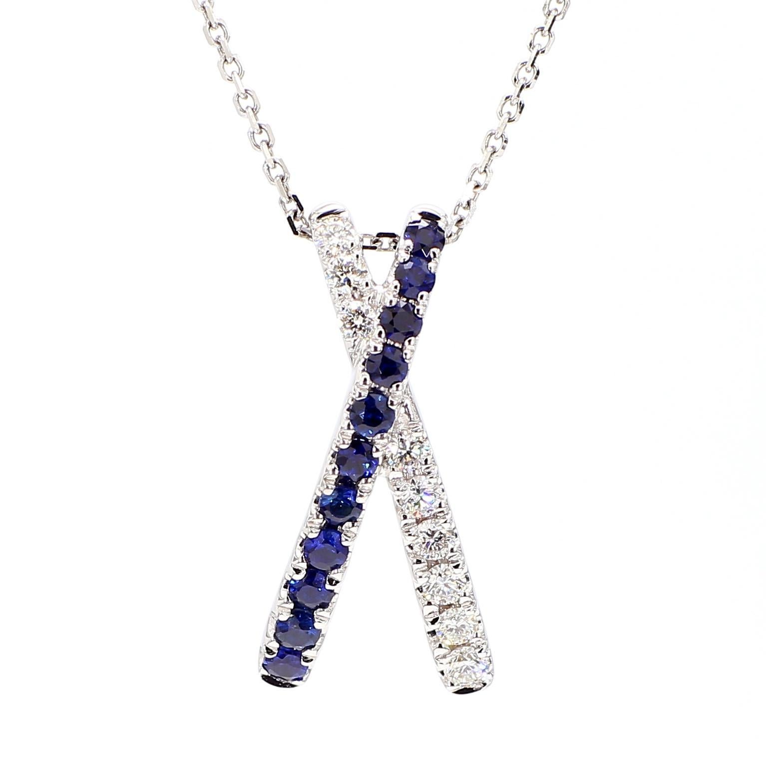 Contemporary Natural Blue Round Sapphire and White Diamond 0.69 Carat TW Gold Drop Pendant For Sale