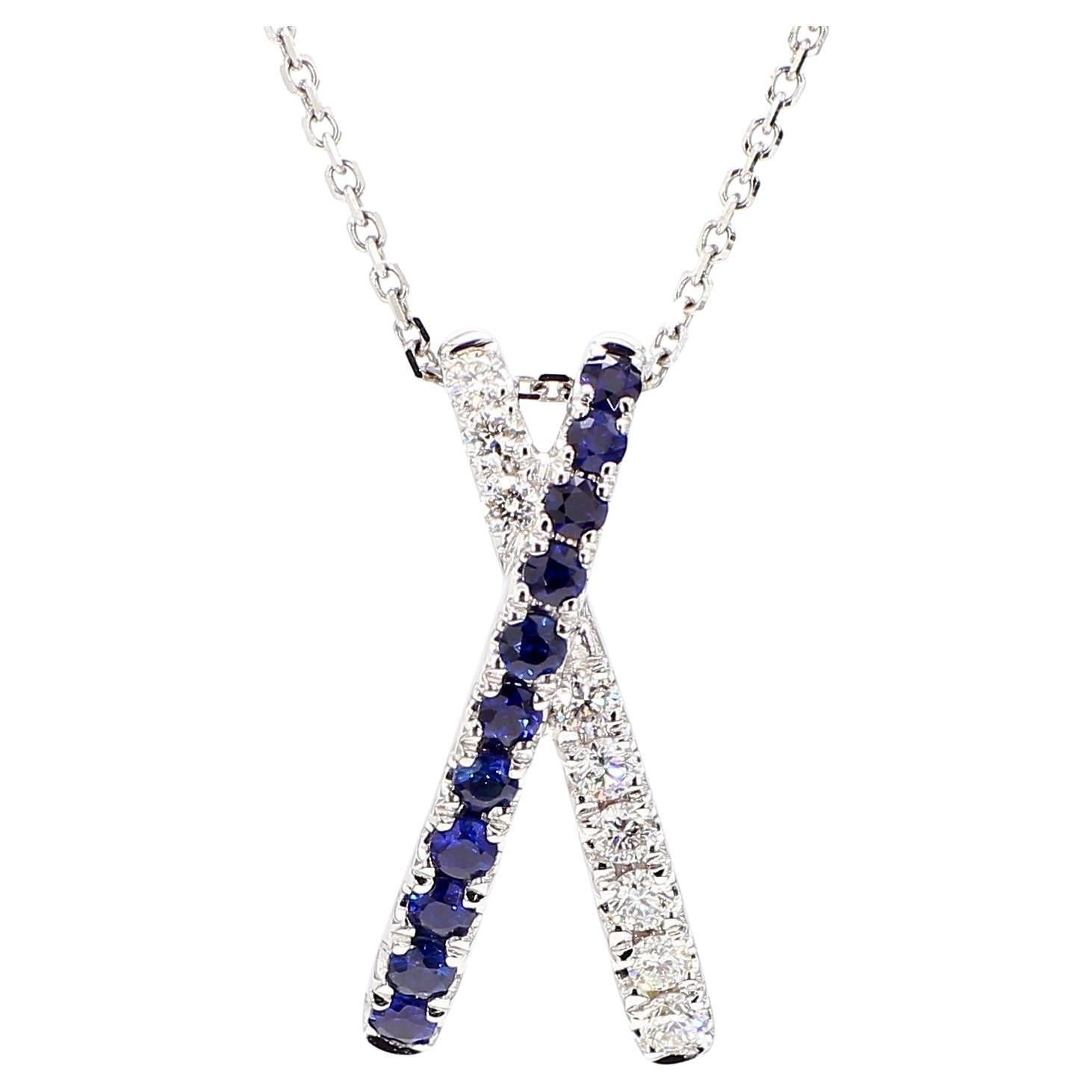 Natural Blue Round Sapphire and White Diamond 0.69 Carat TW Gold Drop Pendant For Sale