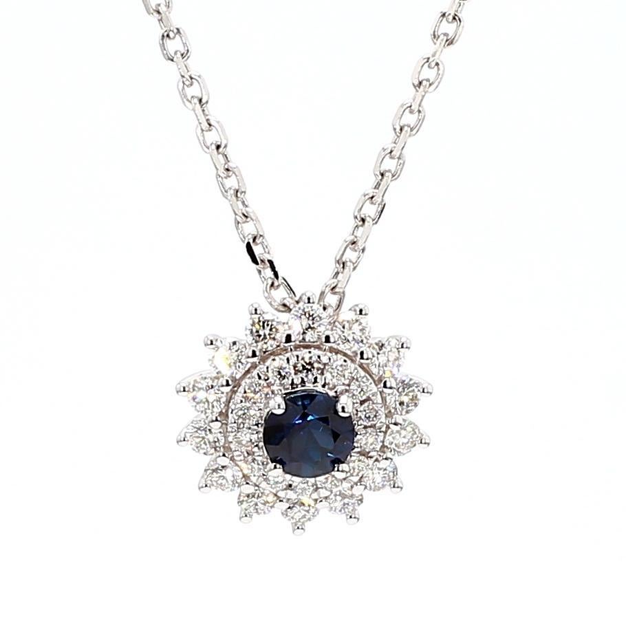 Contemporain Pendentif en or de 0.72 carat poids total avec saphir rond bleu naturel et diamant blanc en vente