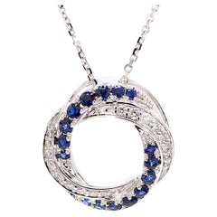 Natural Blue Round Sapphire and White Diamond 0.78 Carat TW Gold Drop Pendant