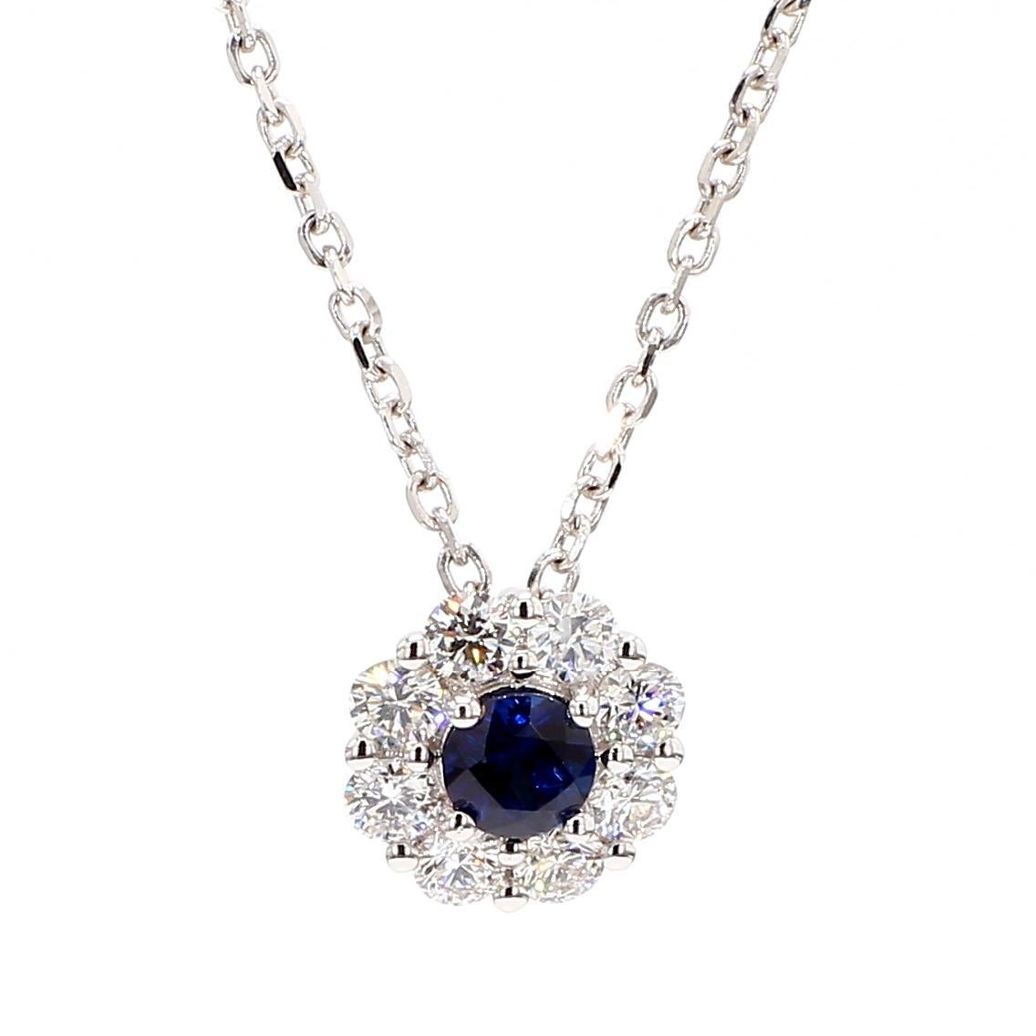 Contemporain Pendentif en or de 0.88 carat poids total avec saphir rond bleu naturel et diamant blanc en vente