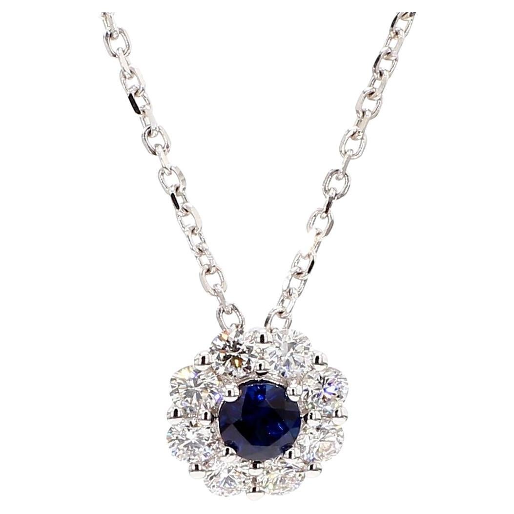 Natural Blue Round Sapphire and White Diamond 0.88 Carat TW Gold Drop Pendant