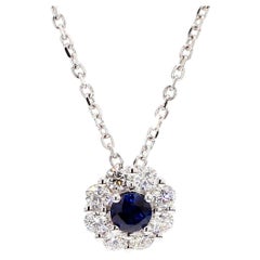Natural Blue Round Sapphire and White Diamond 0.88 Carat TW Gold Drop Pendant