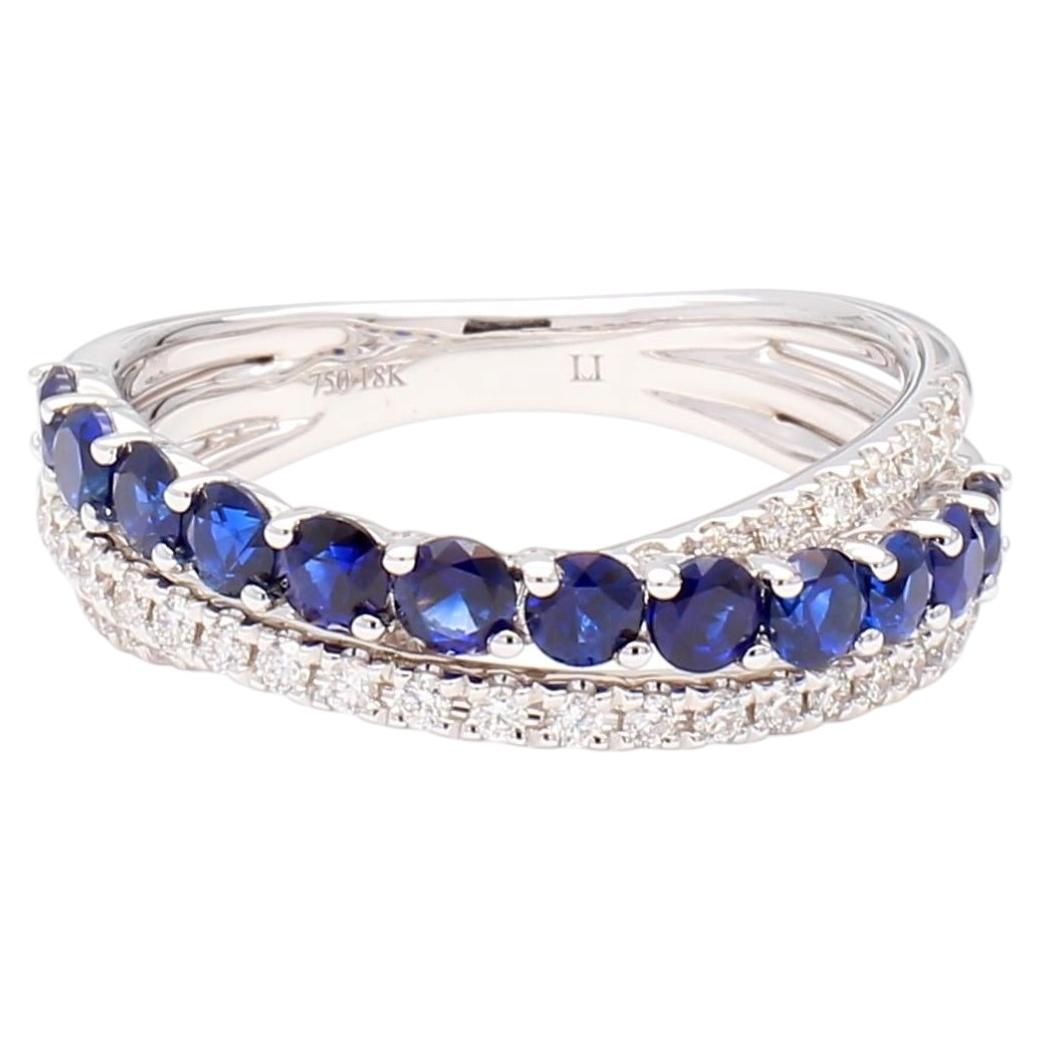 Natural Blue Round Sapphire and White Diamond 0.93 Carat TW Gold Cocktail Band