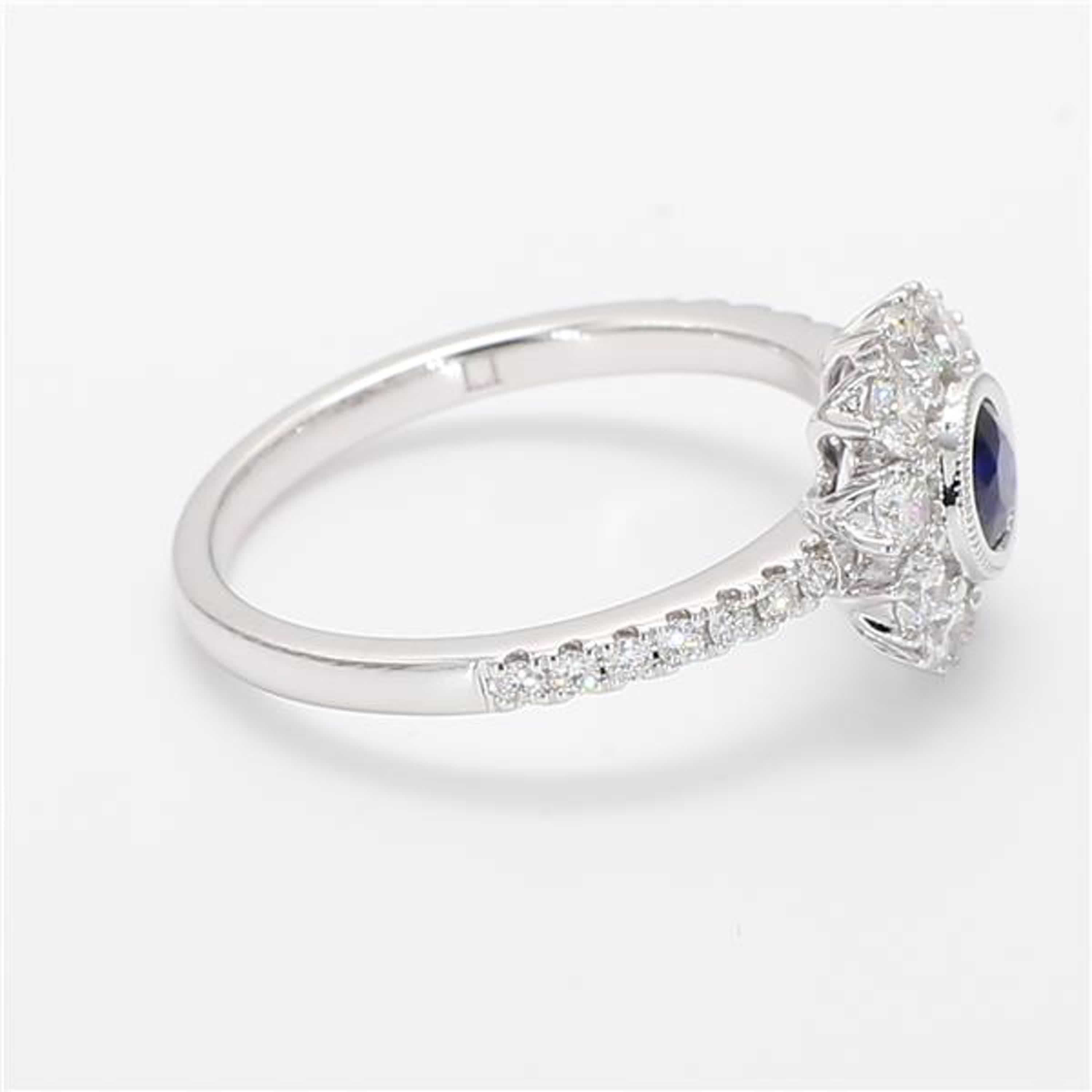 Round Cut Natural Blue Round Sapphire and White Diamond 1.00 Carat TW White Gold Ring For Sale