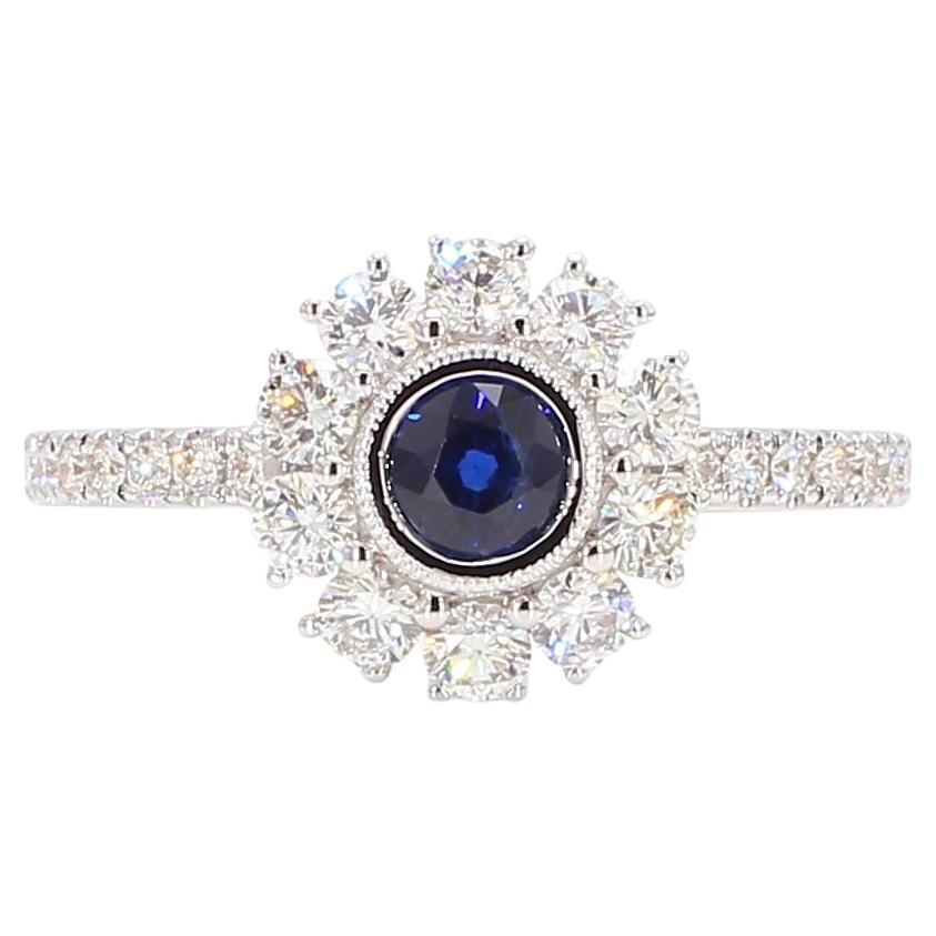 Natural Blue Round Sapphire and White Diamond 1.00 Carat TW White Gold Ring