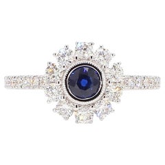 Zafiro redondo azul natural y diamante blanco 1.00 quilates TW Anillo de oro blanco