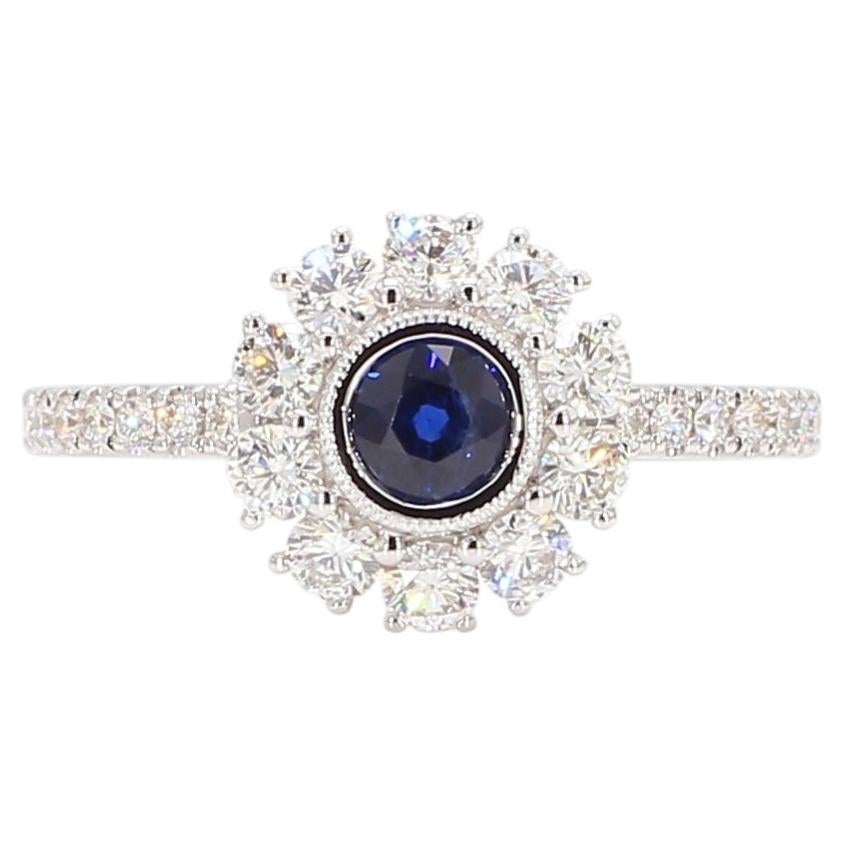 Zafiro redondo azul natural y diamante blanco 1.00 quilates TW Anillo de oro blanco en venta