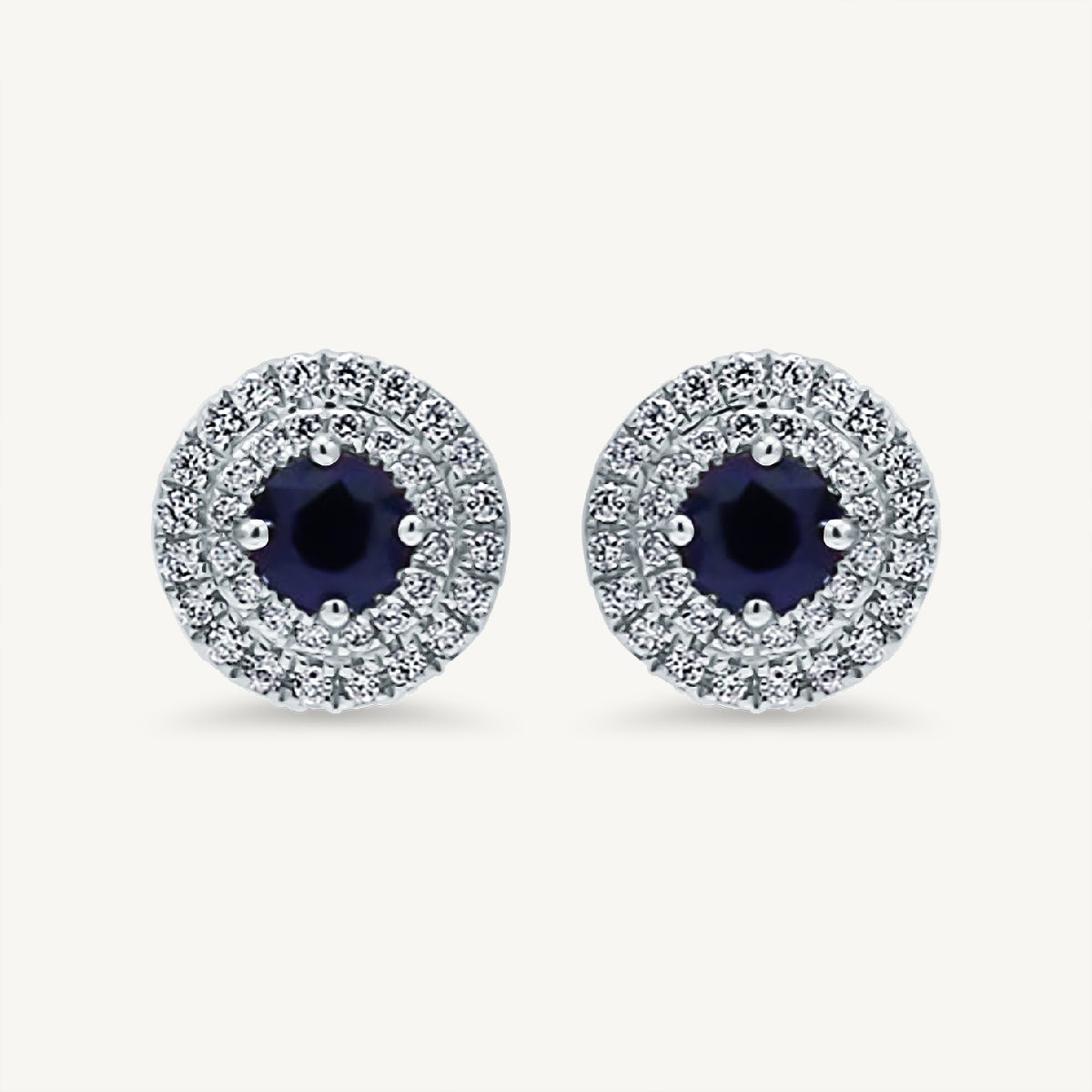 Natural Blue Round Sapphire and White Diamond 1.01 Carat TW Gold Stud Earrings