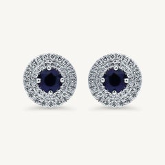 Clous d'oreilles en or de 1,01 carat avec saphirs bleus naturels ronds et diamants blancs