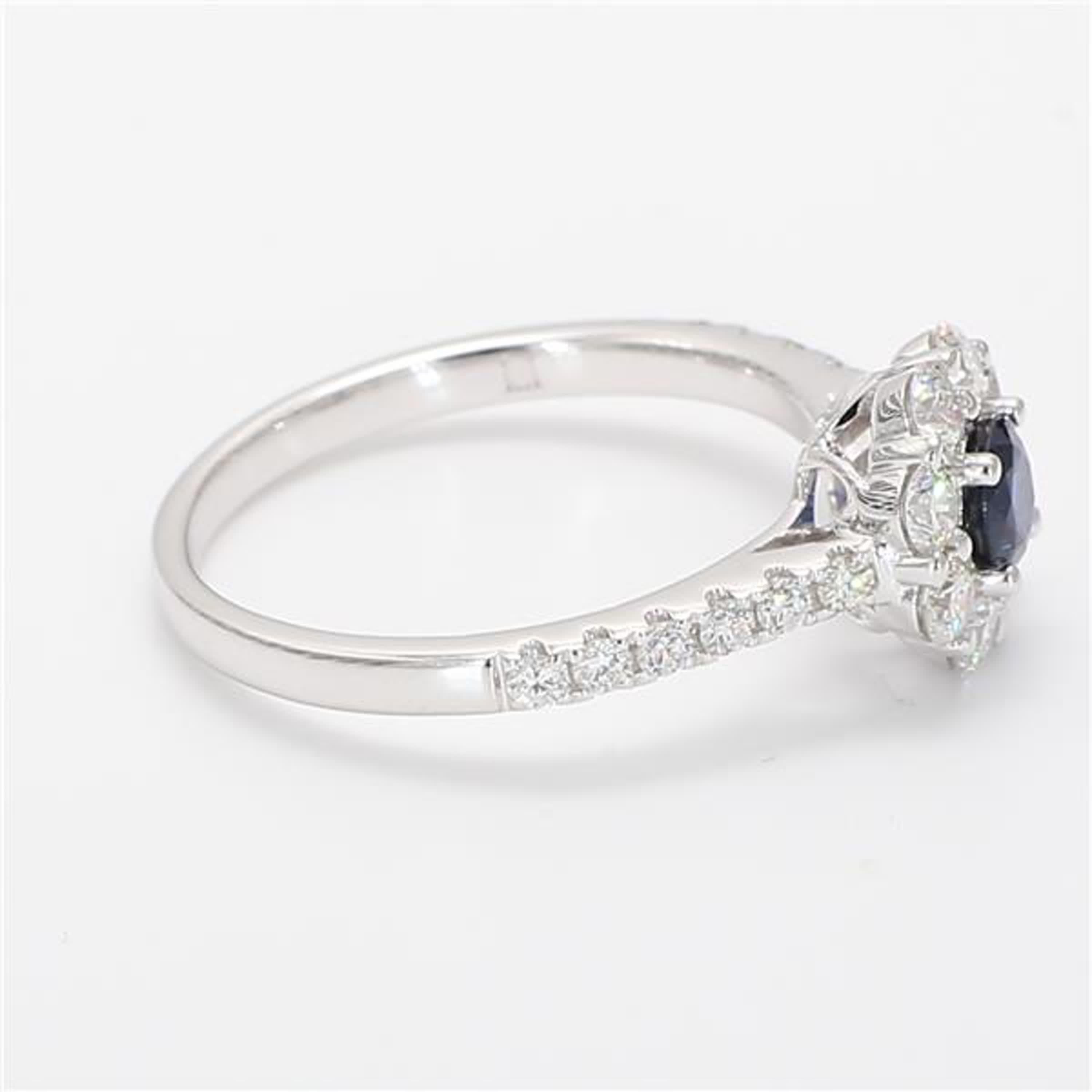 Round Cut Natural Blue Round Sapphire and White Diamond 1.05 Carat TW White Gold Ring For Sale