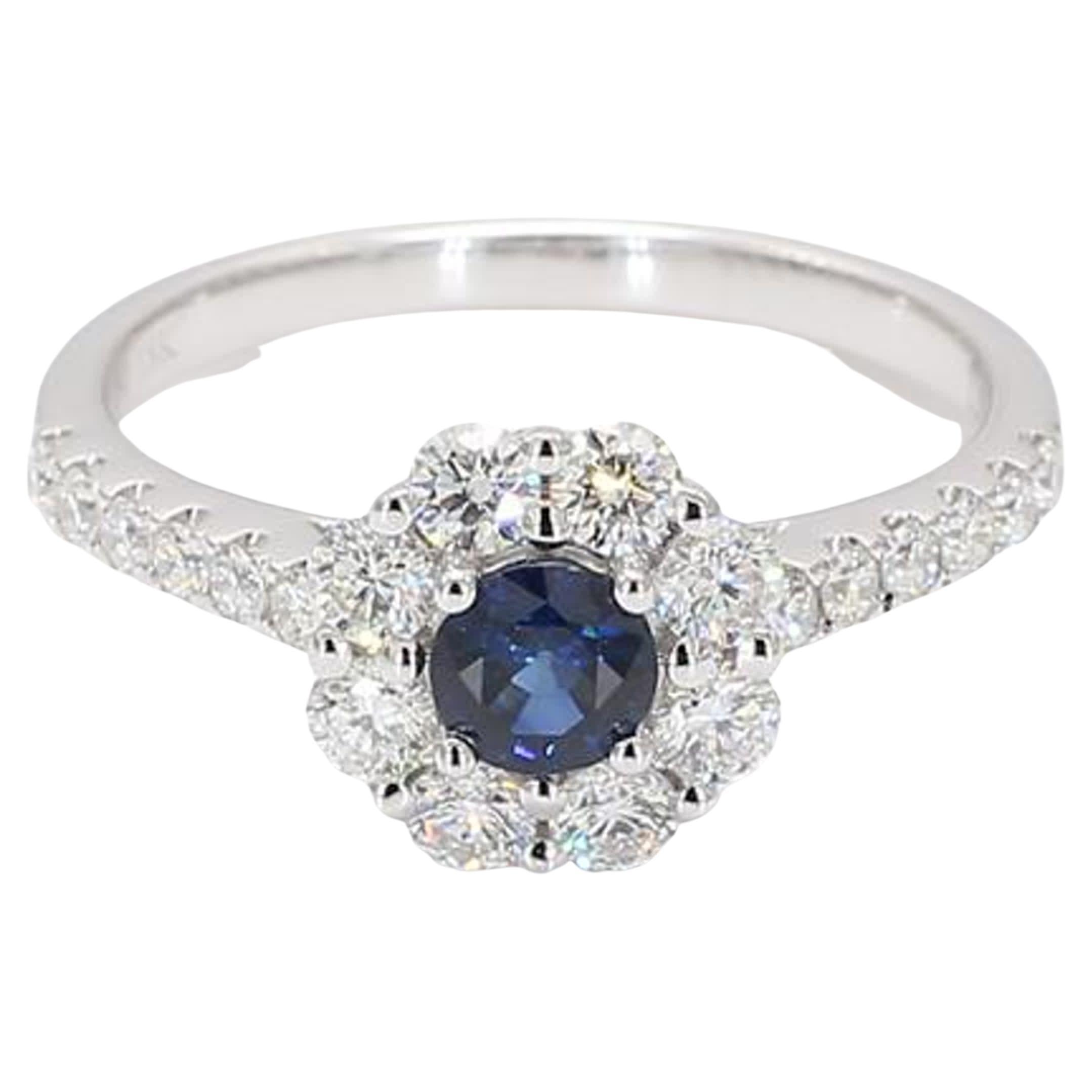 Natural Blue Round Sapphire and White Diamond 1.05 Carat TW White Gold Ring