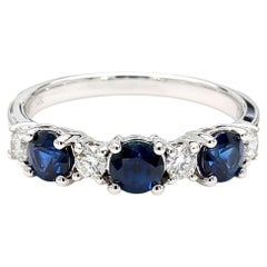 Natural Blue Round Sapphire and White Diamond 1.25 Carat TW Gold Cocktail Ring