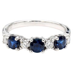 Natural Blue Round Sapphire and White Diamond 1.25 Carat TW Gold Cocktail Ring