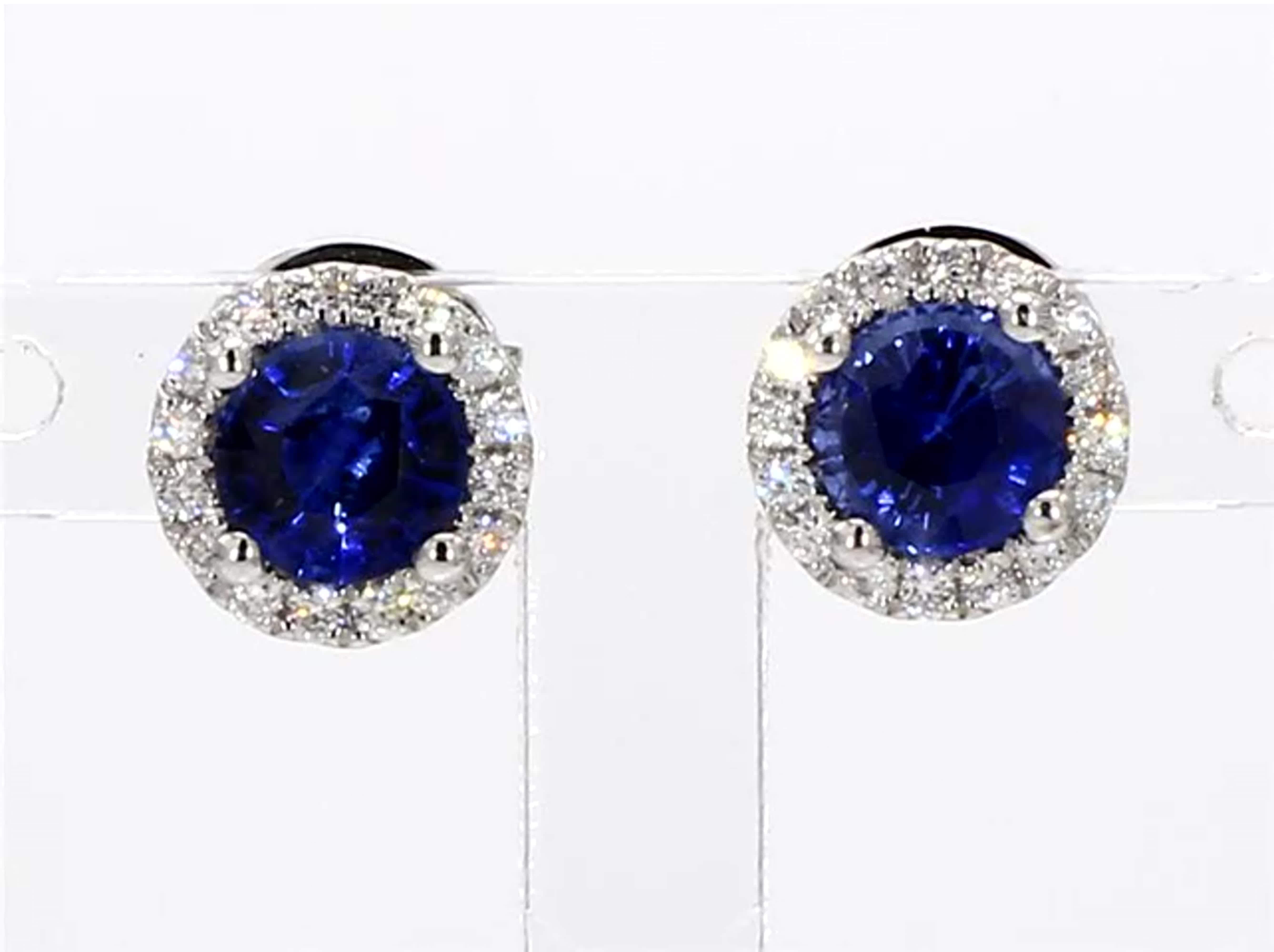 RareGemWorld's classic natural round cut sapphire earrings. Mounted in a beautiful 14K White Gold setting with natural round cut blue sapphires. The sapphires are surrounded by natural round white diamond melee in a beautiful single halo. These
