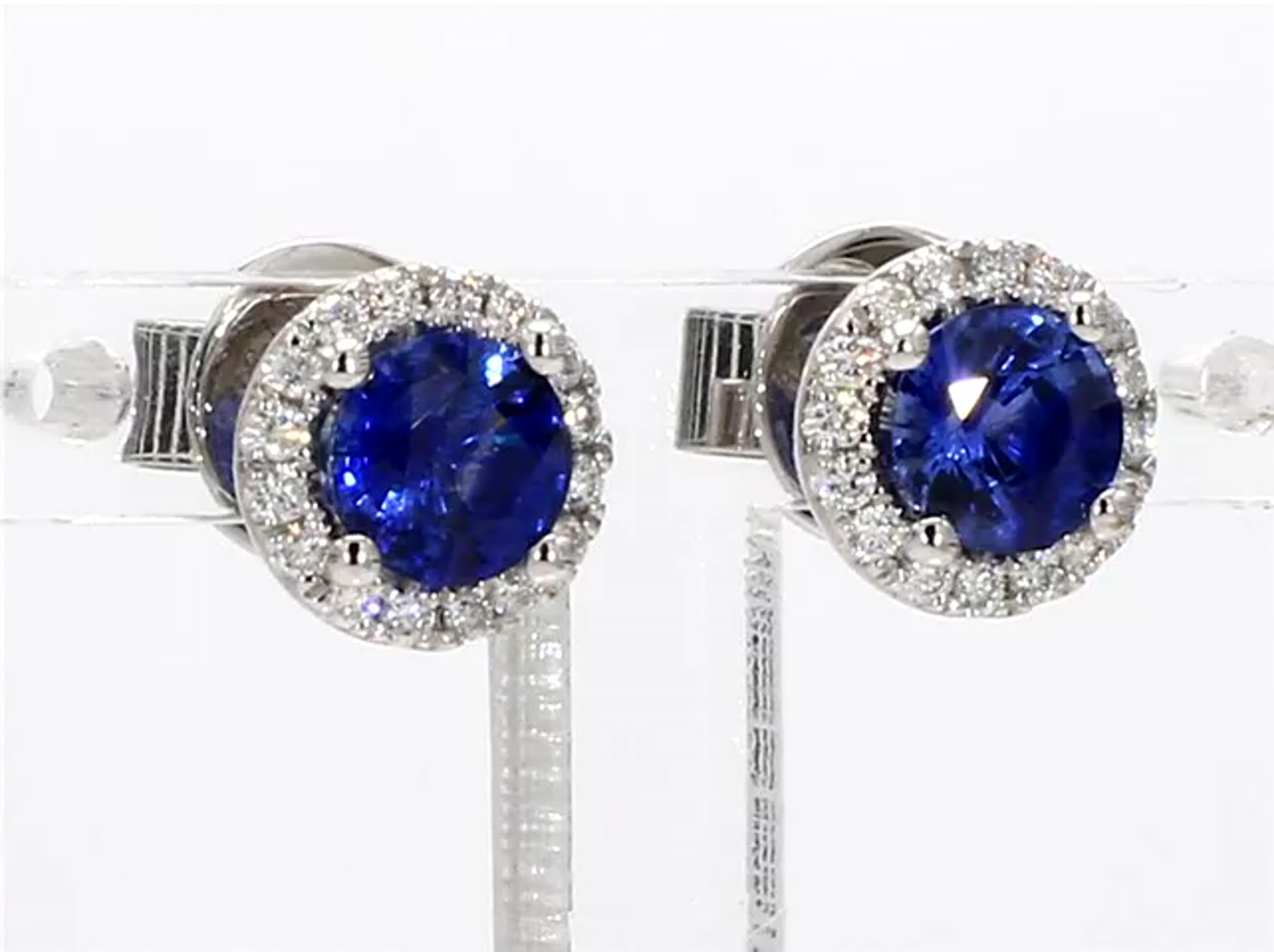 Natural Blue Round Sapphire and White Diamond 1.39 Carat TW Gold Stud Earrings 1
