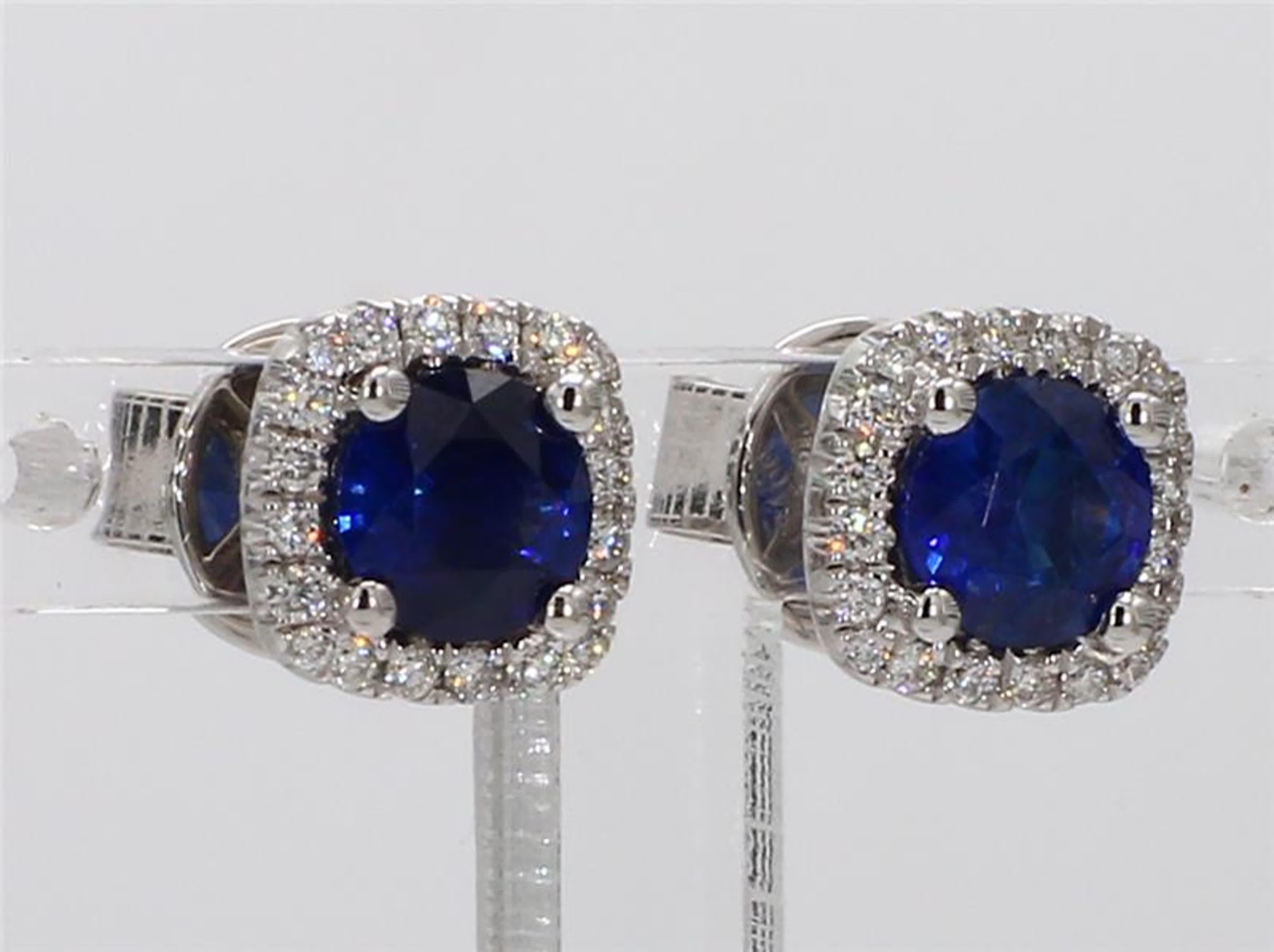 Natural Blue Round Sapphire and White Diamond 1.40 Carat TW Gold Stud Earrings 1