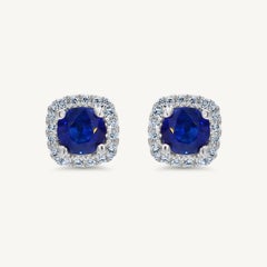 Natural Blue Round Sapphire and White Diamond 1.40 Carat TW Gold Stud Earrings