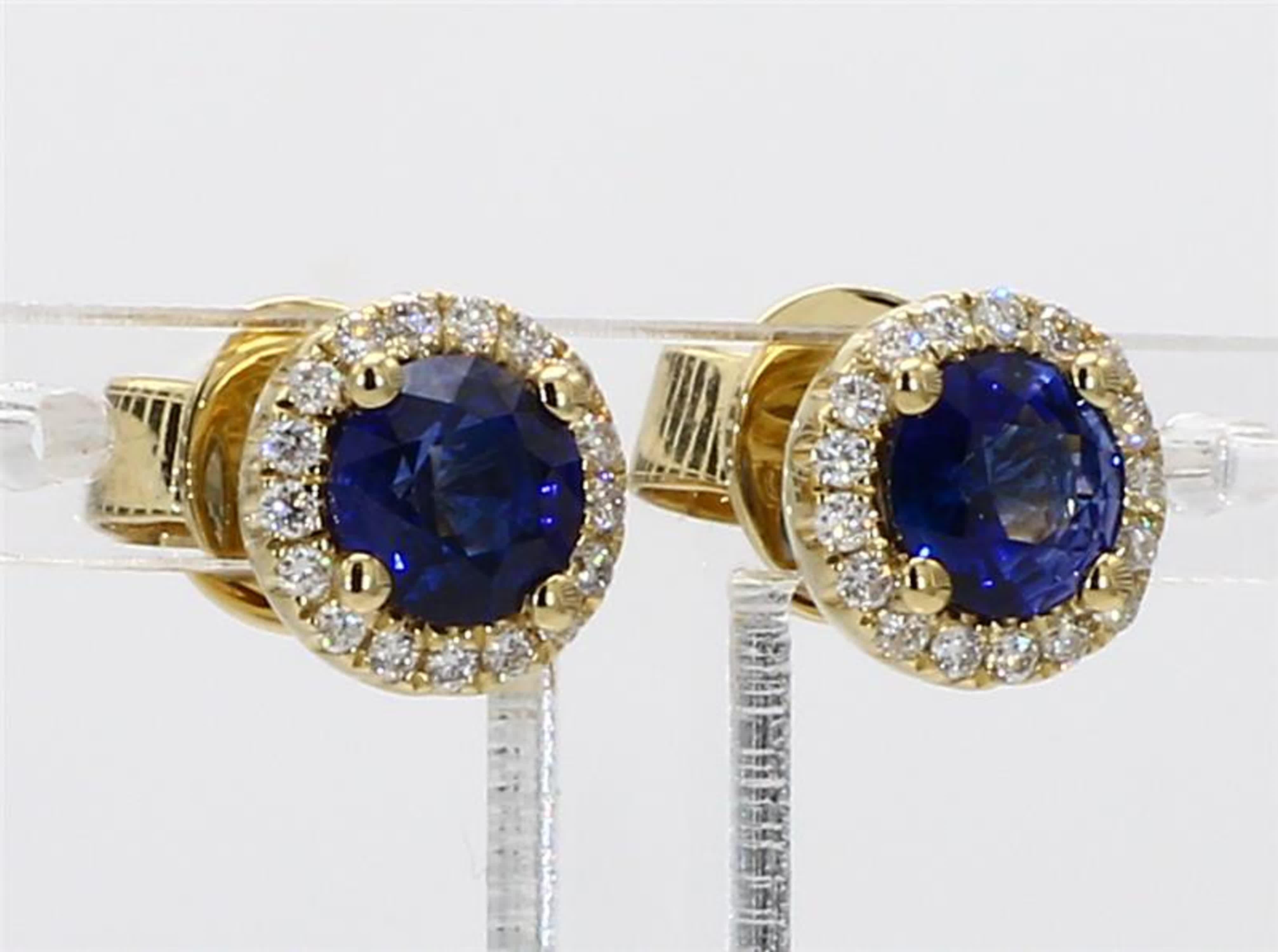 Natural Blue Round Sapphire and White Diamond 1.41 Carat TW Gold Stud Earrings 1