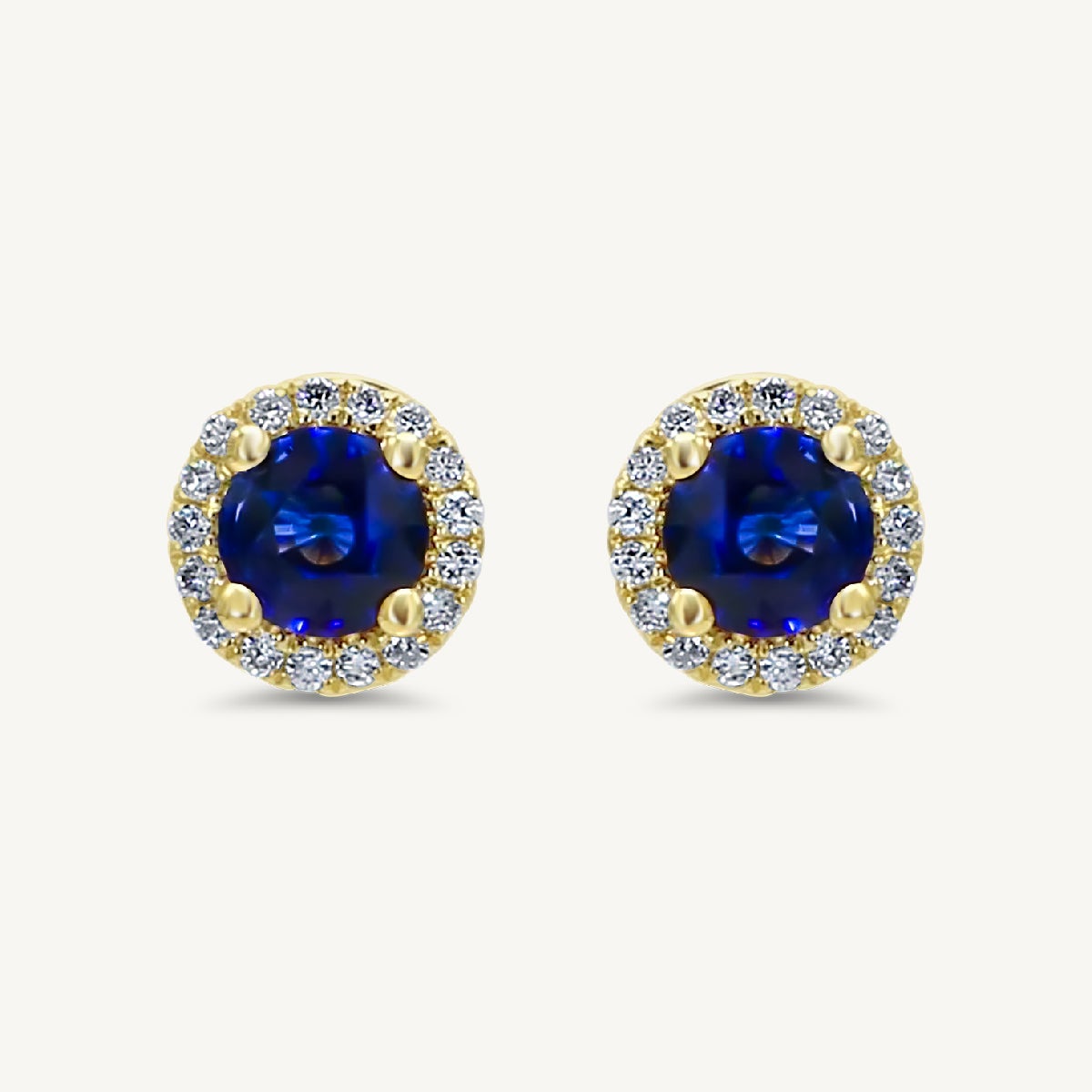 Natural Blue Round Sapphire and White Diamond 1.41 Carat TW Gold Stud Earrings